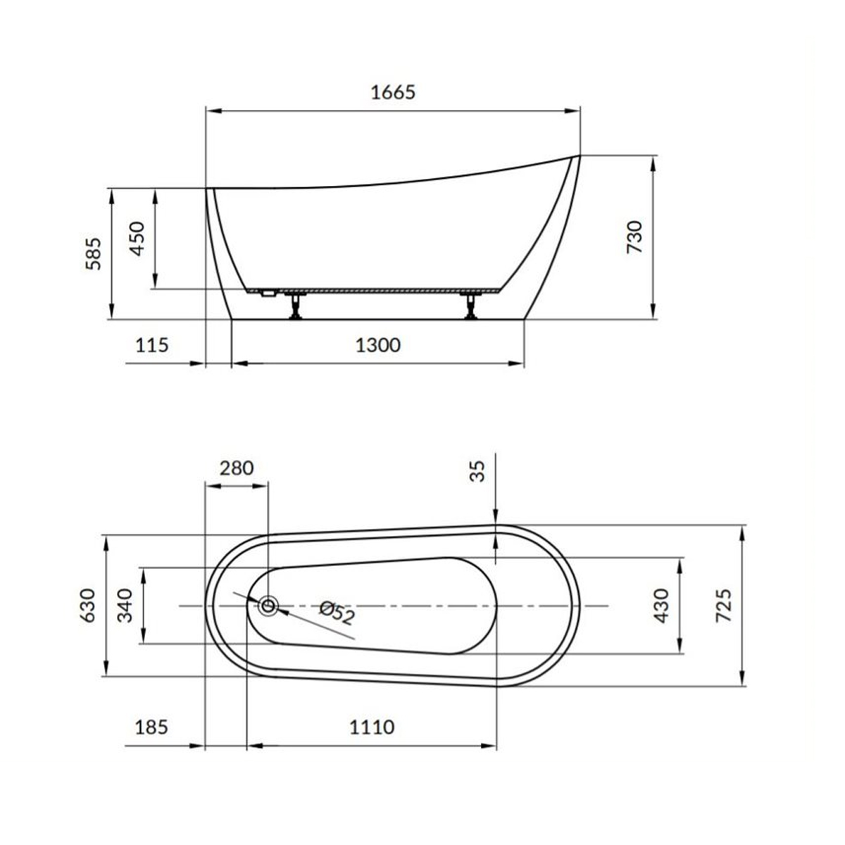 Freistehende Badewanne - Acryl mit Ablaufgarnitur Nusa Oval-BEN10099