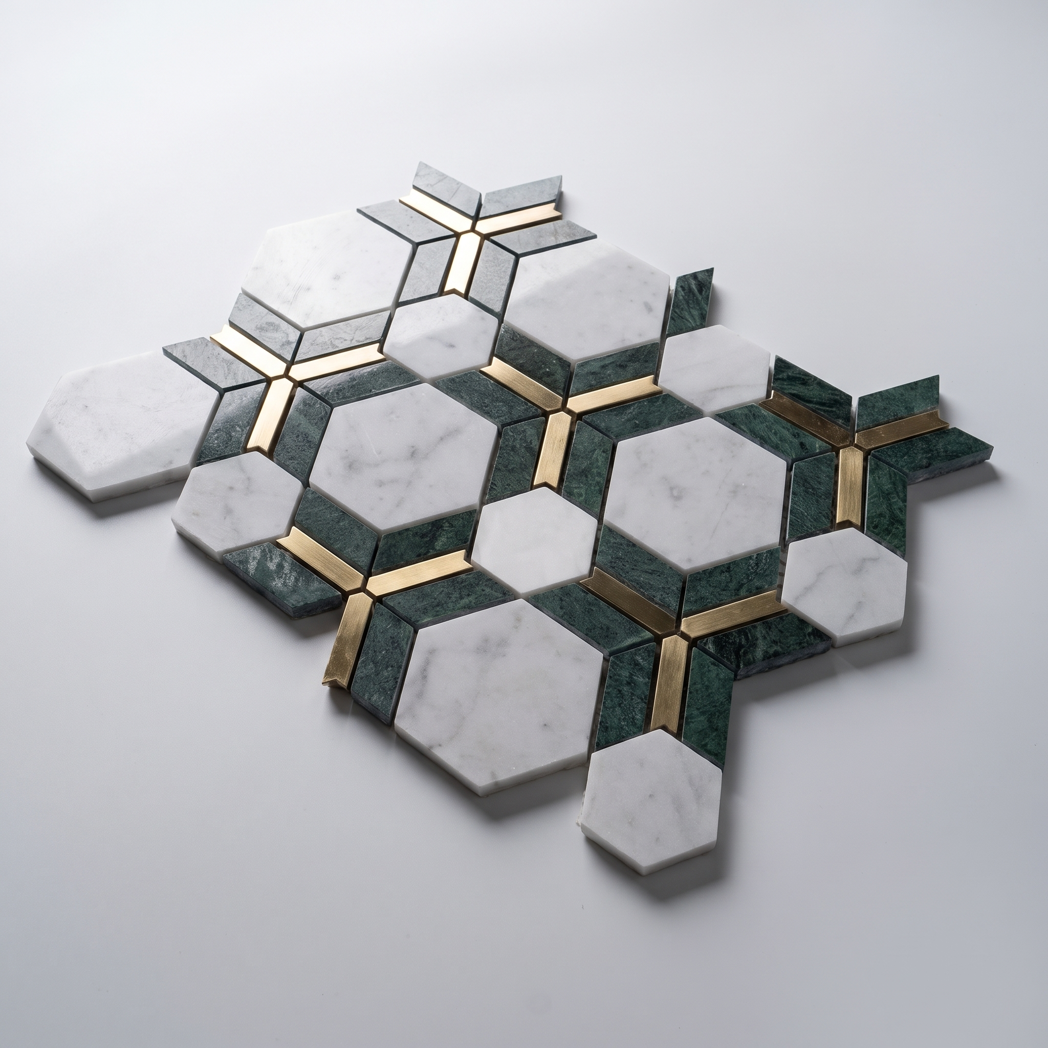 Marmormosaik Toulon mit Aluminium Hexagon‑Design Grün  250×330×8 mm